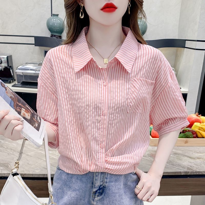 ストライプ半袖シャツ女性のための夏の 2025 新デザインニッチ痩身ショートフレンチお腹カバートップ|undefined