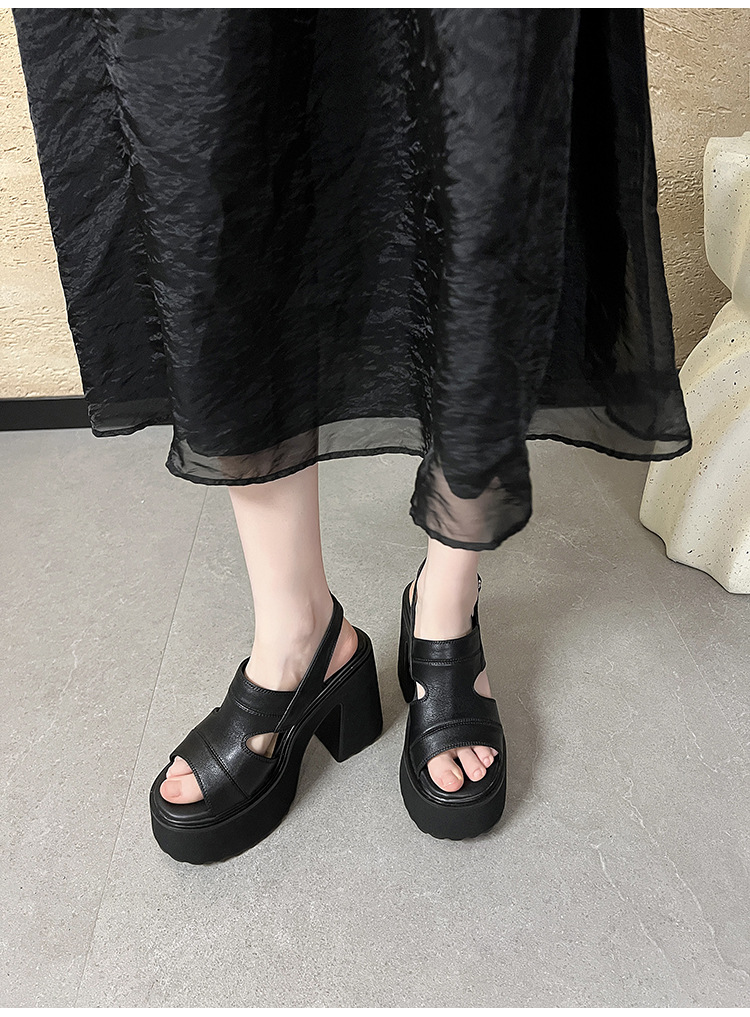Sandal hở mũi nữ đế siêu dày 12cm quai ngang phong cách La Mã, khóa dán, gót vuông — màu đen, màu trắng ngà chi tiết 9