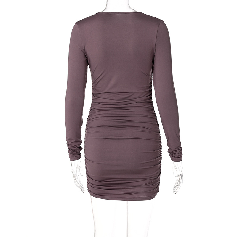 Women Clothing Autumn Deep V Plunge Plunge Tube Top Long Sleeve Slim Pleated Dress
