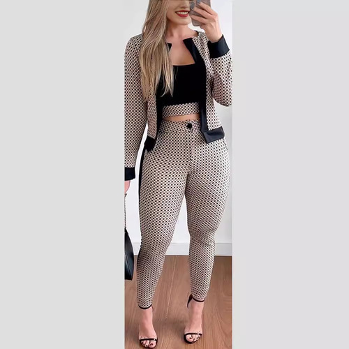 Creative Spring and Autumn European and American Street Style Fashion Women's Tank Top Open Jacket Tight Pants Three-Piece Set Best Selling
