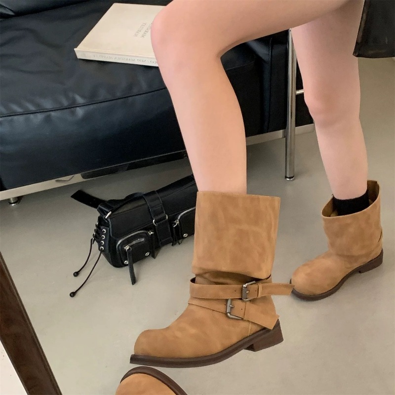 复古百搭瘦瘦中筒骑士靴女秋季棕色直筒张元英同款女团风长筒长靴|undefined