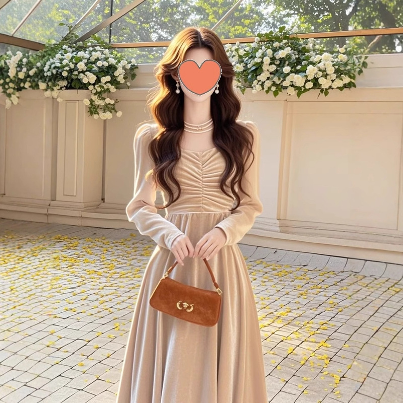 Chanel Style French Velvet dress Women's Autumn and Winter High-end Light Luxury Rich Family's Daughter Blue Evening Dress Long Skirt