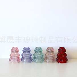 欧式松树形竖条纹玻璃烛台 彩色简约透明单支蜡烛摆件晚宴烛台