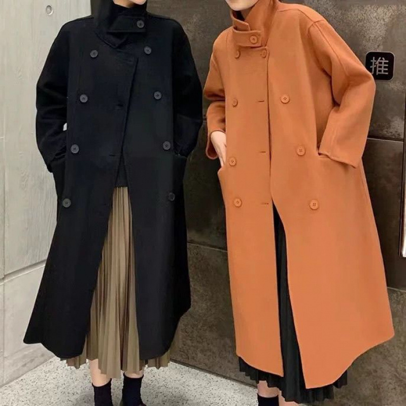 Korean Version 2025 Double-Sided Wool Cashmere Coat Autumn and Winter New Style Elegant Stand-Up Collar Long Woolen Coat