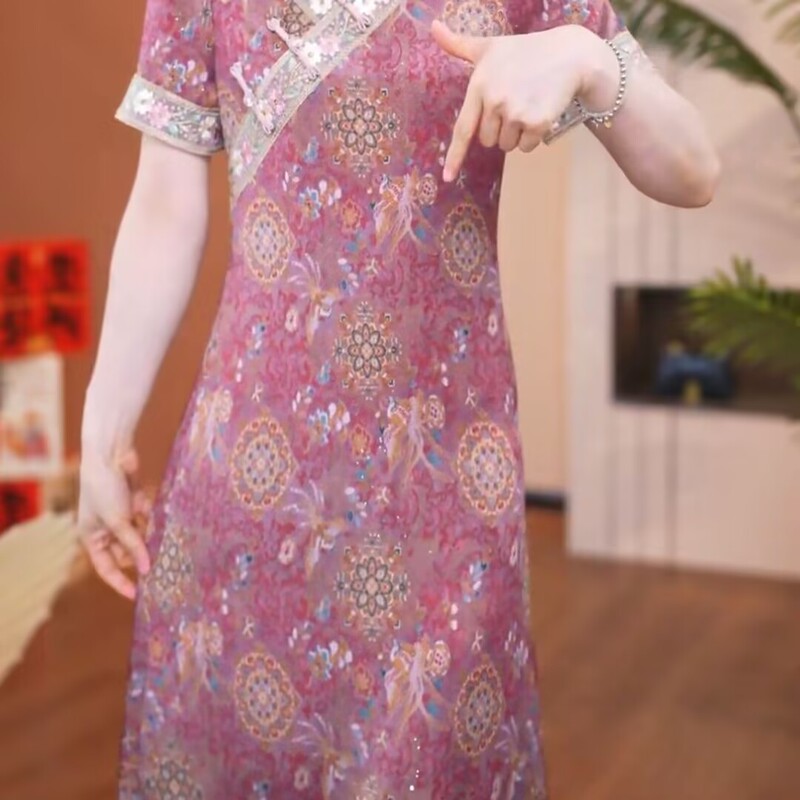 直播爆款时尚印花大码连衣裙女2025年夏季新款气质优雅改良旗袍裙|undefined