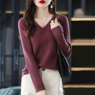 [Spring and Autumn Hot Sale] Autumn and Winter V Neck Pullover Long-Sleeved Knitted Bottoming Shirt Women's Sweater Versatile Inner Sweater Top