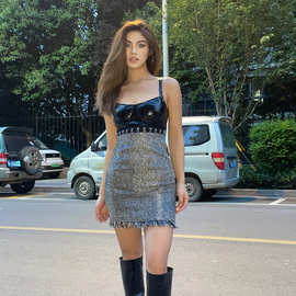 现货朋克千金 银丝编织呢拼接皮裙辣妹紧身包臀吊带裙连衣裙女显