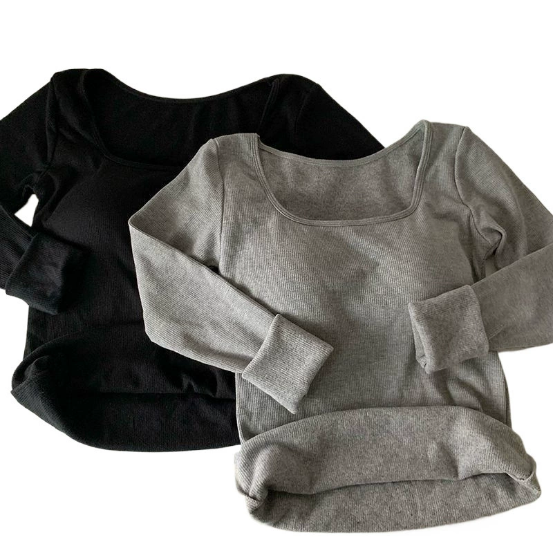 Spring keep warm long-sleeve, underwear, body-friendly breast pads, increased thickness, square neckline, high collar