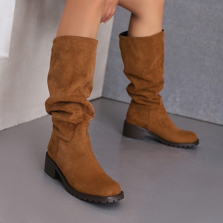 2023 foreign trade autumn and winter New European and American style suede square heel wrinkle boots two-way knee-length boots round toe low heel women's boots
