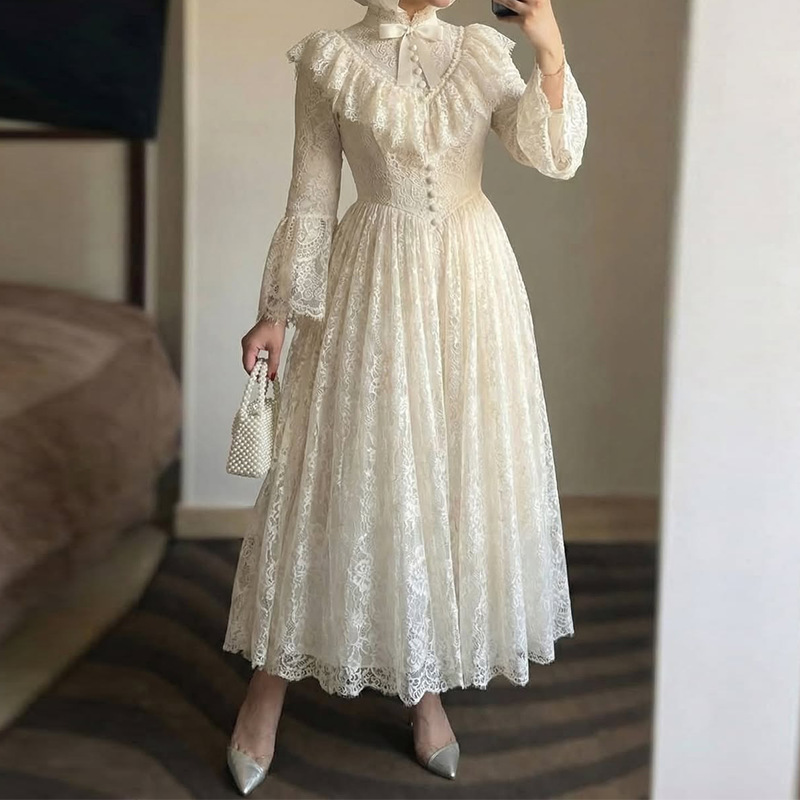 2026 New European and American Amazon Cross-Border Foreign Trade Women's Lace Ruffled Waist-Cinching French-Style White Dress