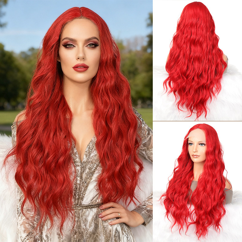 European and American Front Lace Wig Red Ladies Wavy Long Curly Hair Chemical Fiber Headgear Cross-Border Factory Spot Wholesale
