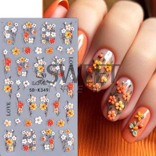 Cross-border New 5D Embossed Nail Art Stickers Ins Spring and Summer Colorful Flowers Leaves Stereo Adhesive Nail Stickers