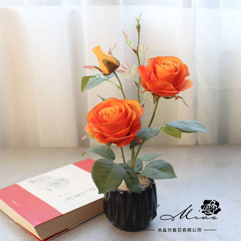 Flores simuladas de tres cabezas de rosa pequeña decoración creativa bonsai fábrica de decoración directa para plantas verdes artificiales falsas macetas simuladas image 12
