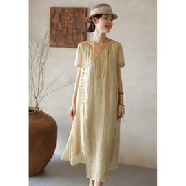 现货中式禅意棉麻国风改良旗袍女国风斜襟连衣裙复古松紧腰长裙子