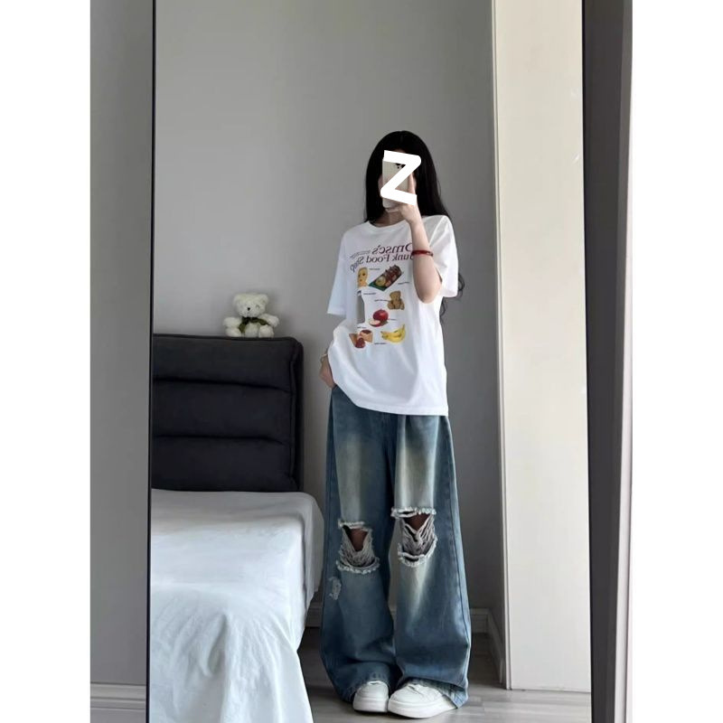 胖mm美式破洞牛仔裤女宽松2-300斤大码松紧腰直筒阔腿拖地裤子夏