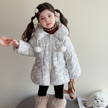 女童碎花毛球棉服2025新款冬季加厚保暖女宝宝中长款时尚棉衣外套