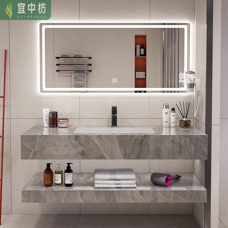 Hotel-Style Bathroom Cabinet 2026 Italian-Style Combination with Seamless Ceramic Washbasin and Simple Homestay Bathroom Design