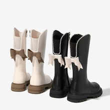 女童靴子长靴蝴蝶结二棉长筒靴2025秋冬季新款大童儿童加绒马丁靴