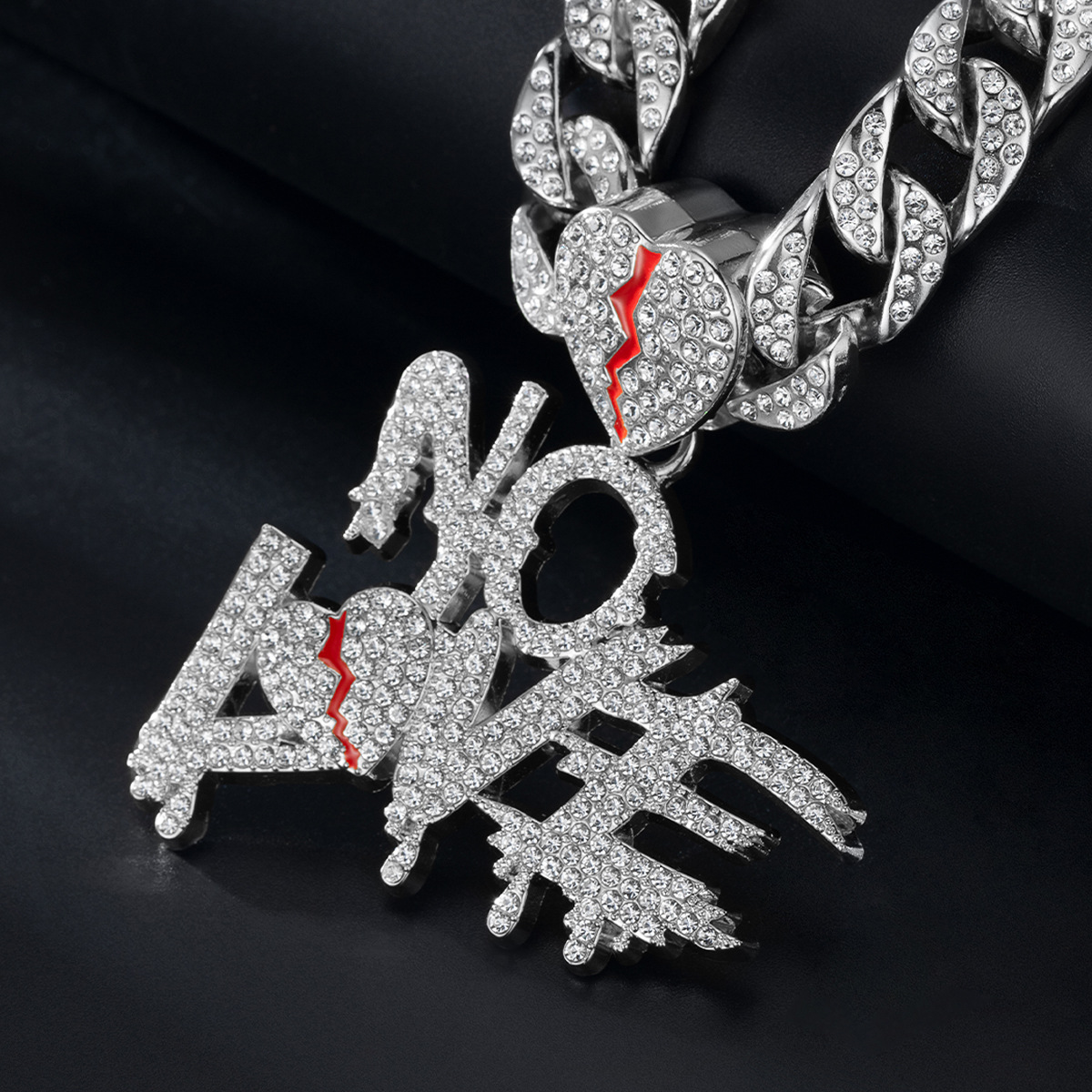 New full diamond Cuban chain splicing letter love pendant hip-hop street culture trendy men's necklace_voghion.com