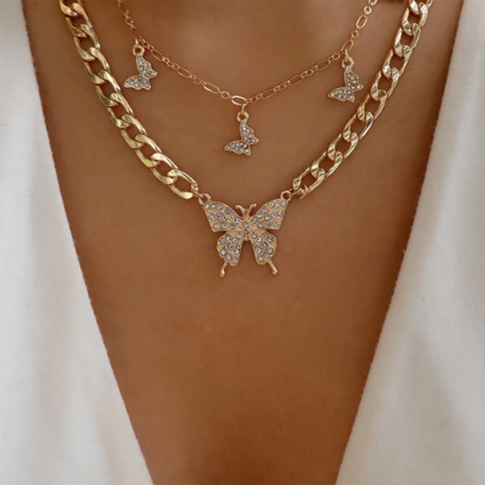 N8242 CrossBorder Fashion DoubleLayer Clavicle Chain Fairy Butterfly DiamondEmbedded Temperament Necklace Exaggerated and Personalized Creative Necklacepicture1