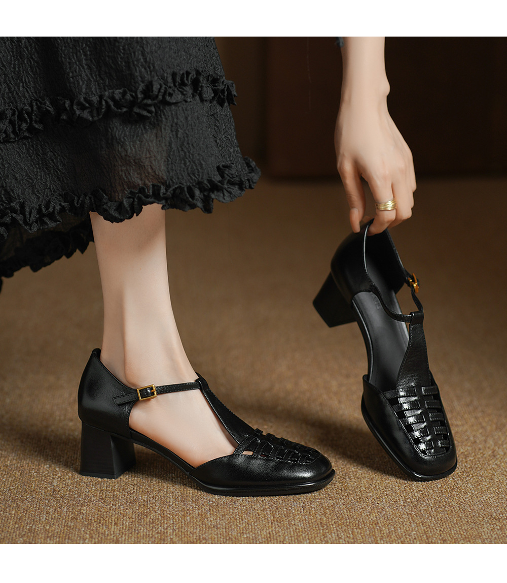 Sandal nữ da bò dệt quai chữ T kiểu La Mã, đế thấp thoáng mát — đen chi tiết 9