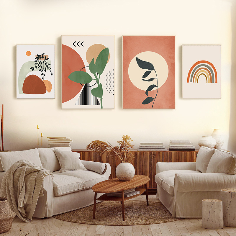 简约北欧波西米亚莫兰迪色抽象植物橙色客厅海报壁画装饰画图片
