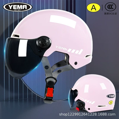 Helmet for Men and Women, Summer — Motosiklet kaskı (dəbilqə) - cherry-pink-embellished-flowers-sunscreen-dark-blue-short-glasses