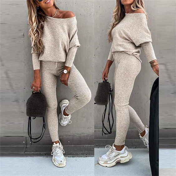 In-Stock 2025 European and American Foreign Trade Spring Solid Color Fashion Casual Lace-Up Off-Shoulder Sports Long Pants Long Suit for Women
