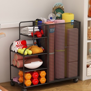Yoga mat storage basket fitness equipment storage rack with wheels household basketball badminton storage rack