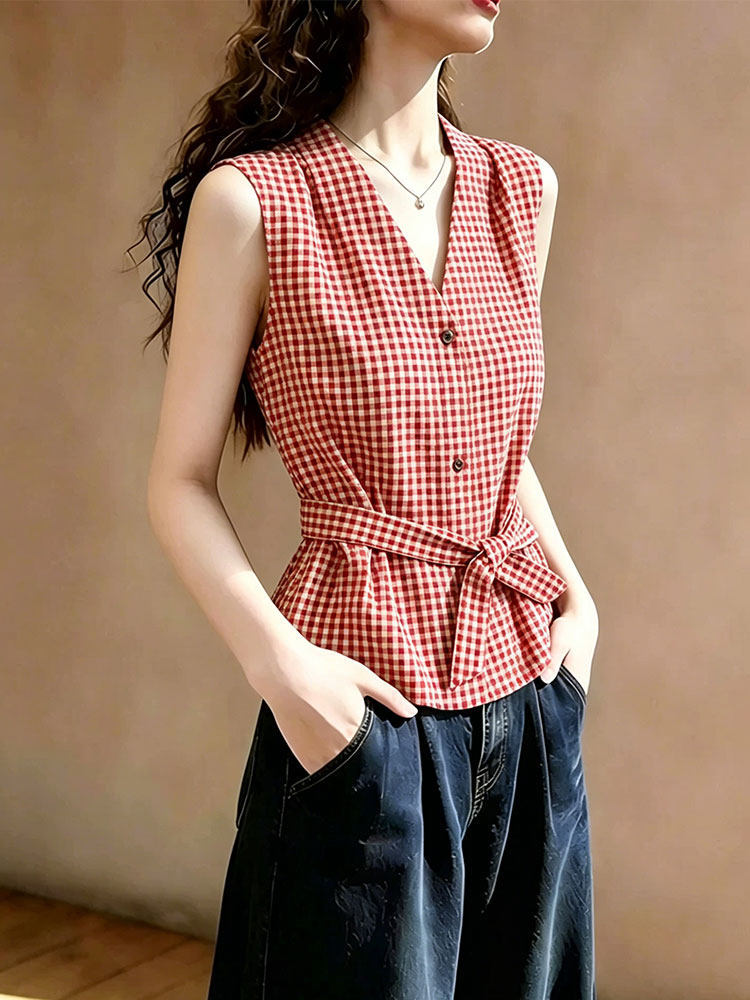 Áo sơ mi nữ không tay cổ V họa tiết kẻ caro đỏ vintage, thắt lưng eo — Lưới đỏ