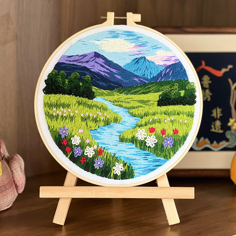 Lu bordado montaña de la luna pintura colgante hecha a mano DIY material bordado paquete de pintura colgante de paisaje forestal conjunto inglés de cuatro piezas
