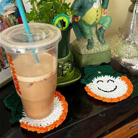 新款跨境亚马逊欧美卡通手工钩织笑脸杯垫搞怪圣诞节防烫隔热杯垫