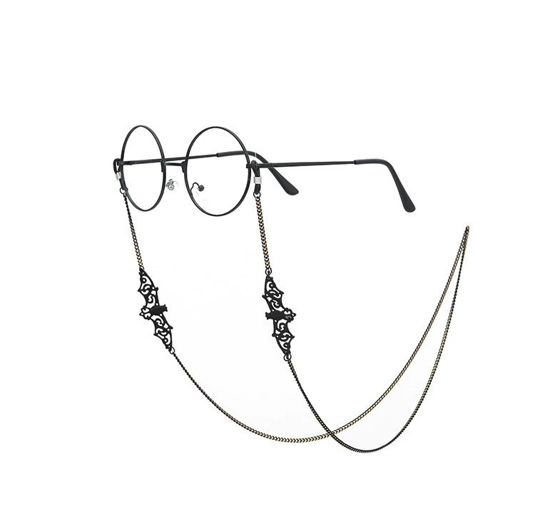 Цепочка для очков (Black) с металлическим подвесом, двойная цепь с декоративными подвесками-летучими мышами