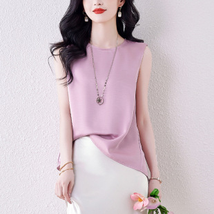 Real Shot High-end Elegant Satin Hand-held Flower Round Neck Solid Color Sleeveless Women's Summer Irregular Western Style Top