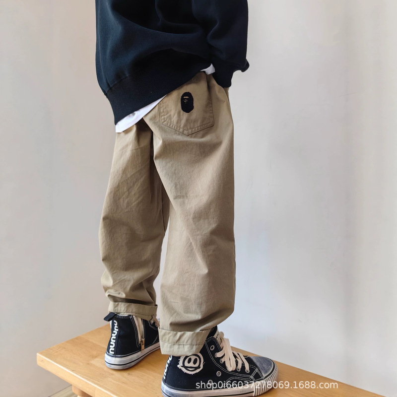 Boys' versatile casual all-cotton cargo pants, spring and autumn trendy cool cuffed pants, elastic mid-waist suit trousers