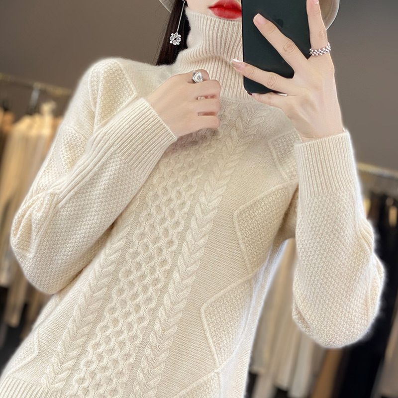 Heavy23 Autumn And Winter Thick Cashmere Sweater Women's Knitted High Collar Twisted Flower Wool Sweater Bottoming Loose Versatile