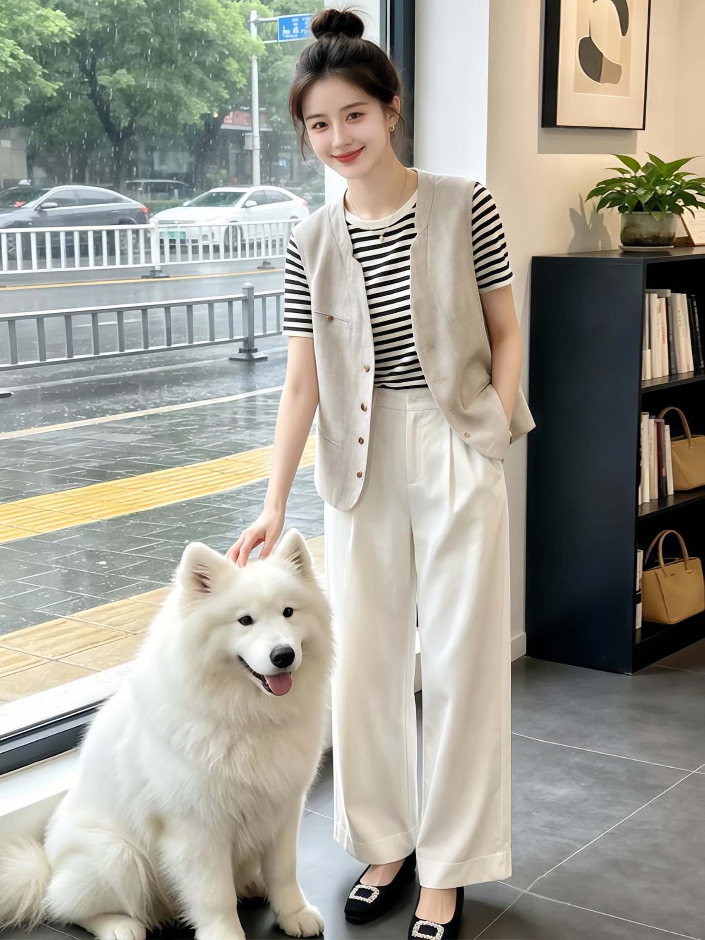 Áo khoác vest không tay cổ V nữ chất liệu linen phối nút đơn — màu be