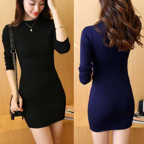 Fleece-lined, thickened new autumn/winter sweater for women: half-high-neck, mid-length knitted base dress that hugs the hips and is pull-over style.