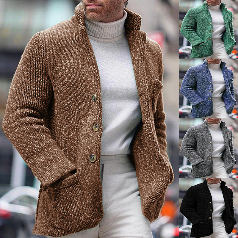 Neue gestrickte Stehkragen Langarm Herbst/Winter Einreiher Tasche Strickjacke Casual Herrenjacke_voghion.com