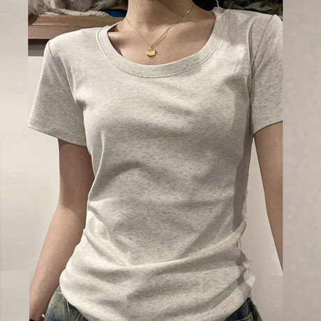 美式纯色短袖t恤女ins风简约修身百搭打底正肩软糯糯浅灰纯棉上衣