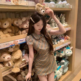 中古少女裙子收腰娃娃领格纹裙千金感甜美连衣裙显瘦款超好看裙子