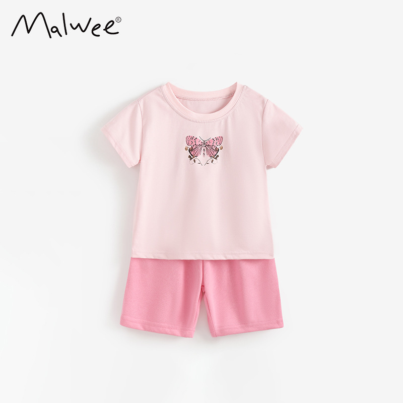 Transfronterizo malwee niñas adorables niñas camisetas de cuello redondo europeas y americanas para niños de verano y pantalones de dos piezas