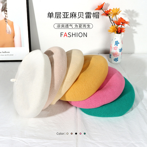 Cotton-lined, breathable, lightweight summer cream-colored beret hats for women, versatile artist hats, Korean-style lucky ring hats