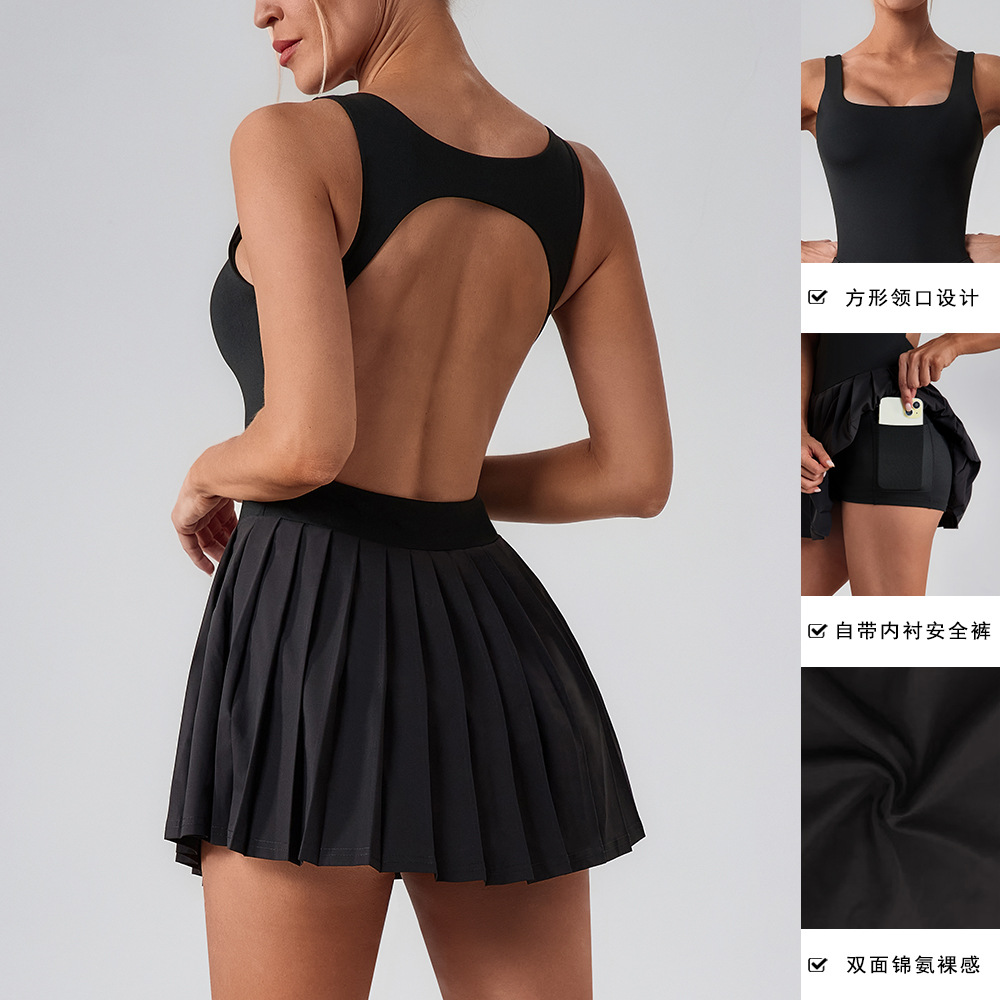 Vestido de yoga deportivo sin mangas Fitness Falso de dos piezas Falda plisada de bolsillo antibrillo Falda de tenis para correr