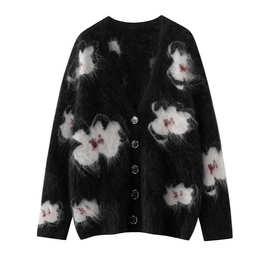 拉绒系列~手绣花园图案圆领针织开衫秋冬款100纯山羊绒拉毛外套