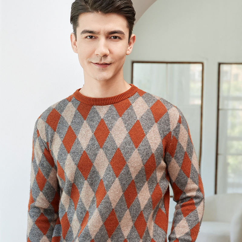 2022秋冬新款男士套头圆领100纯羊毛衫提花加厚菱形针织宽松毛衣|ms