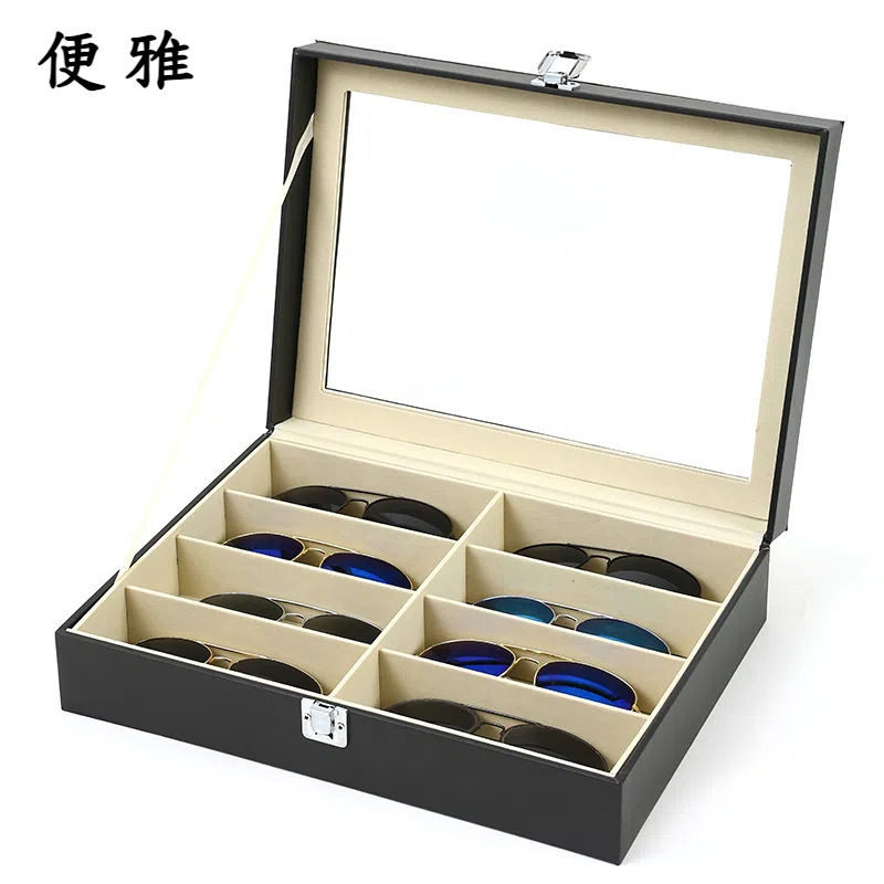 In-Stock Black Pu 8-Compartment Glasses Storage Box for Home Use, Large Capacity Sunglasses Organizer Rack