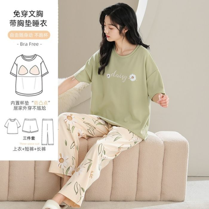 Pantalones de manga corta para mujer de verano, pantalones cortos, pijamas de cuello redondo de tres piezas, algodón de imitación, almohadillas para el pecho, estilo casual cómodo, suave y simple