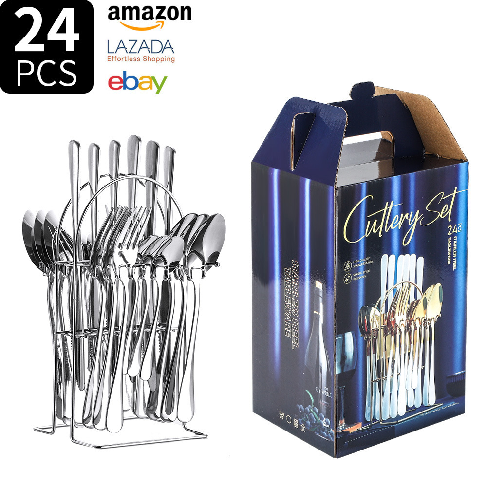 Fuente transfronteriza Amazon 1010 cubiertos de acero inoxidable cuchillo de comida occidental tenedor cuchara 24 piezas caja de regalo cuchara hotel