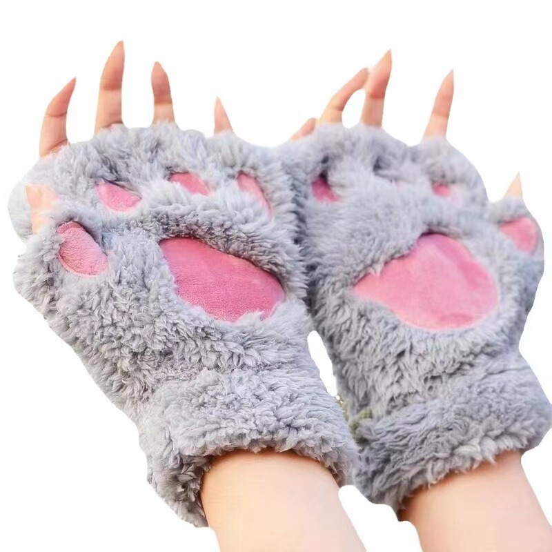 かわいい猫の爪の手袋の女性の秋冬の保温の防寒のぬいぐるみの半分の指の厚い加毛の成人の学生は字を書いて指を漏らします。|undefined